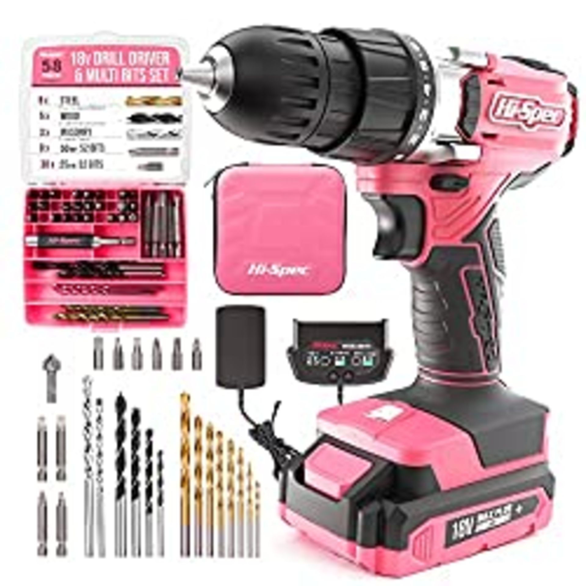 RRP £54.14 Hi-Spec 58pc Pink 18V Cordless Power Drill Driver