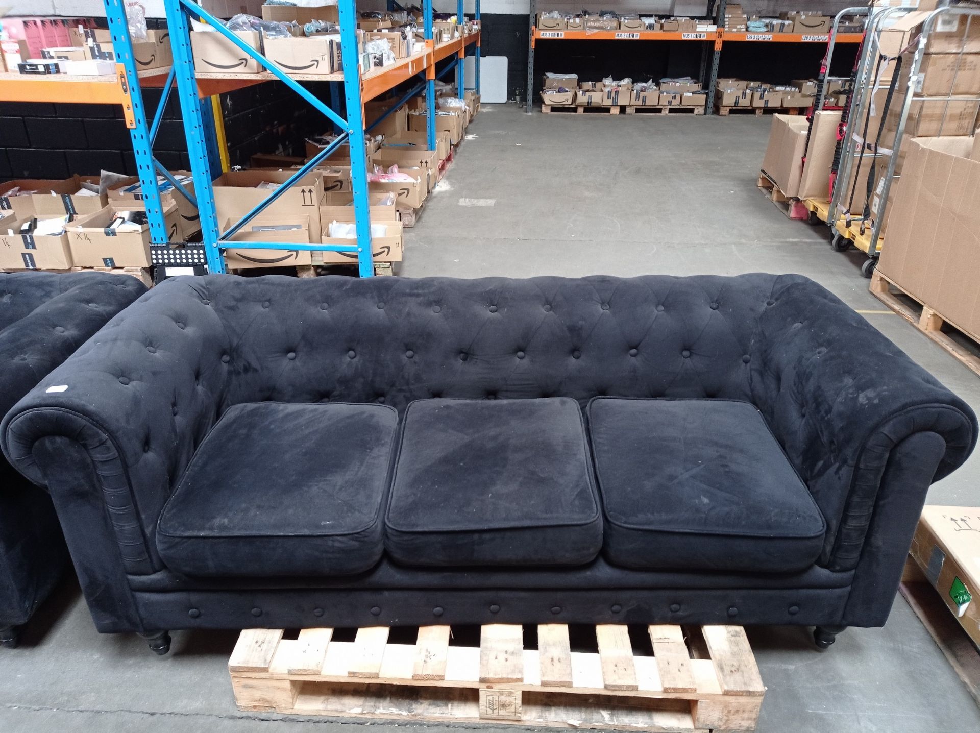 RRP £499.15 Bravich Velvet Chesterfield Sofa- Black. 3 Seater Settee - Image 2 of 2