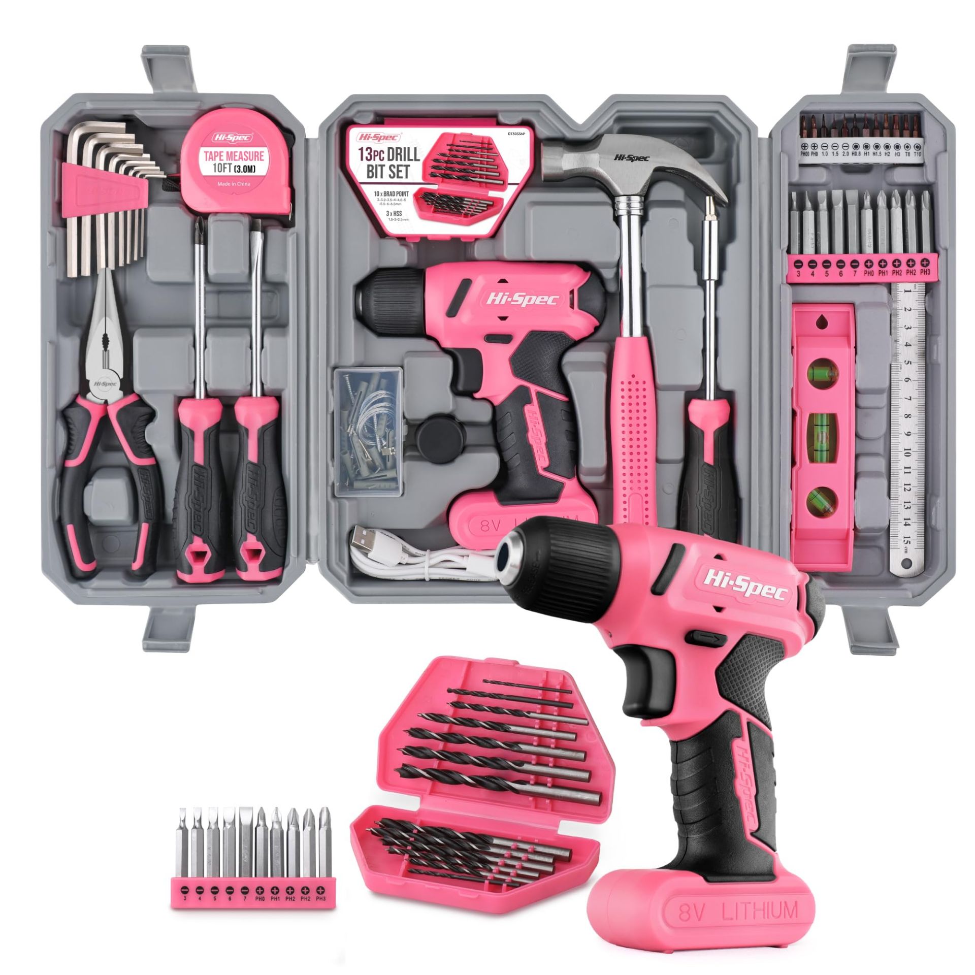 RRP £63.92 Hi-Spec 57pc Pink Hand Tool Kit Set with 8V USB Cordless