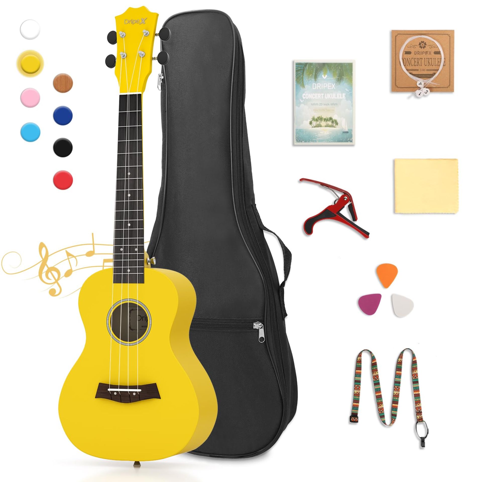 RRP £27.39 Dripex Yellow Concert Ukulele 23 Inch Ukulele with Beginner Kit (Ukulele Bag