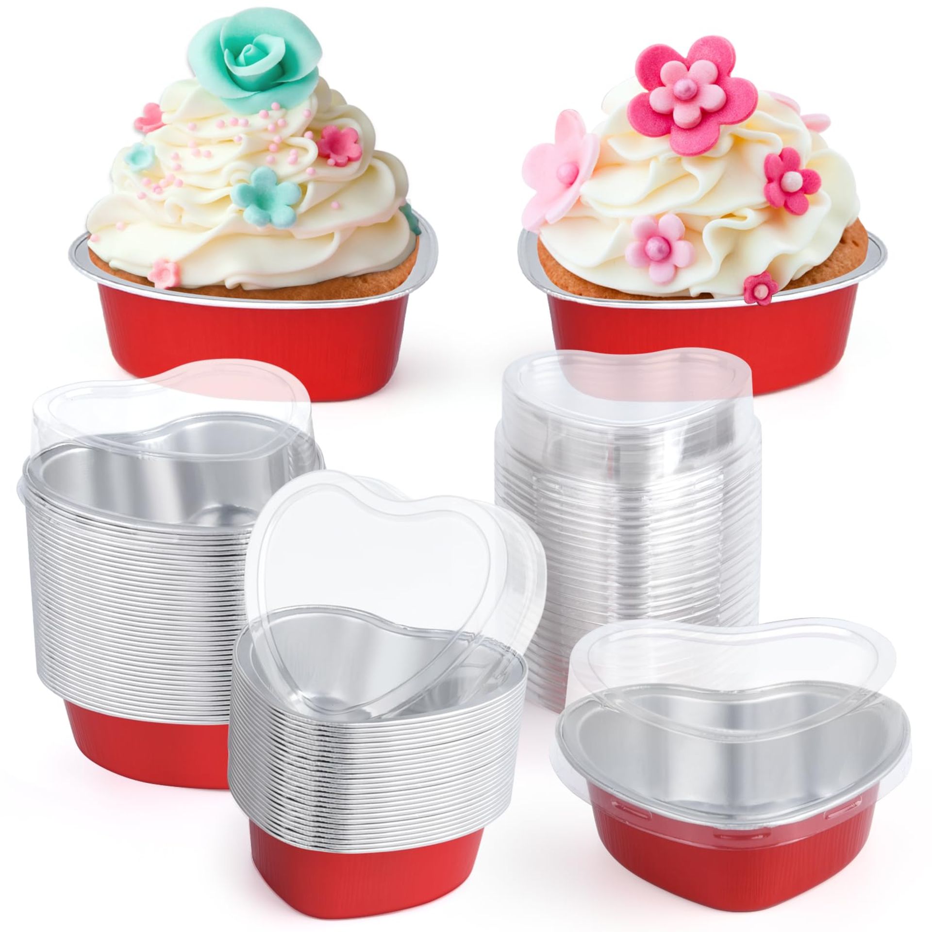 RRP £20.50 PLULON 60 Pack Red Heart Cupcake Cup with Lids 100ml/3.4oz