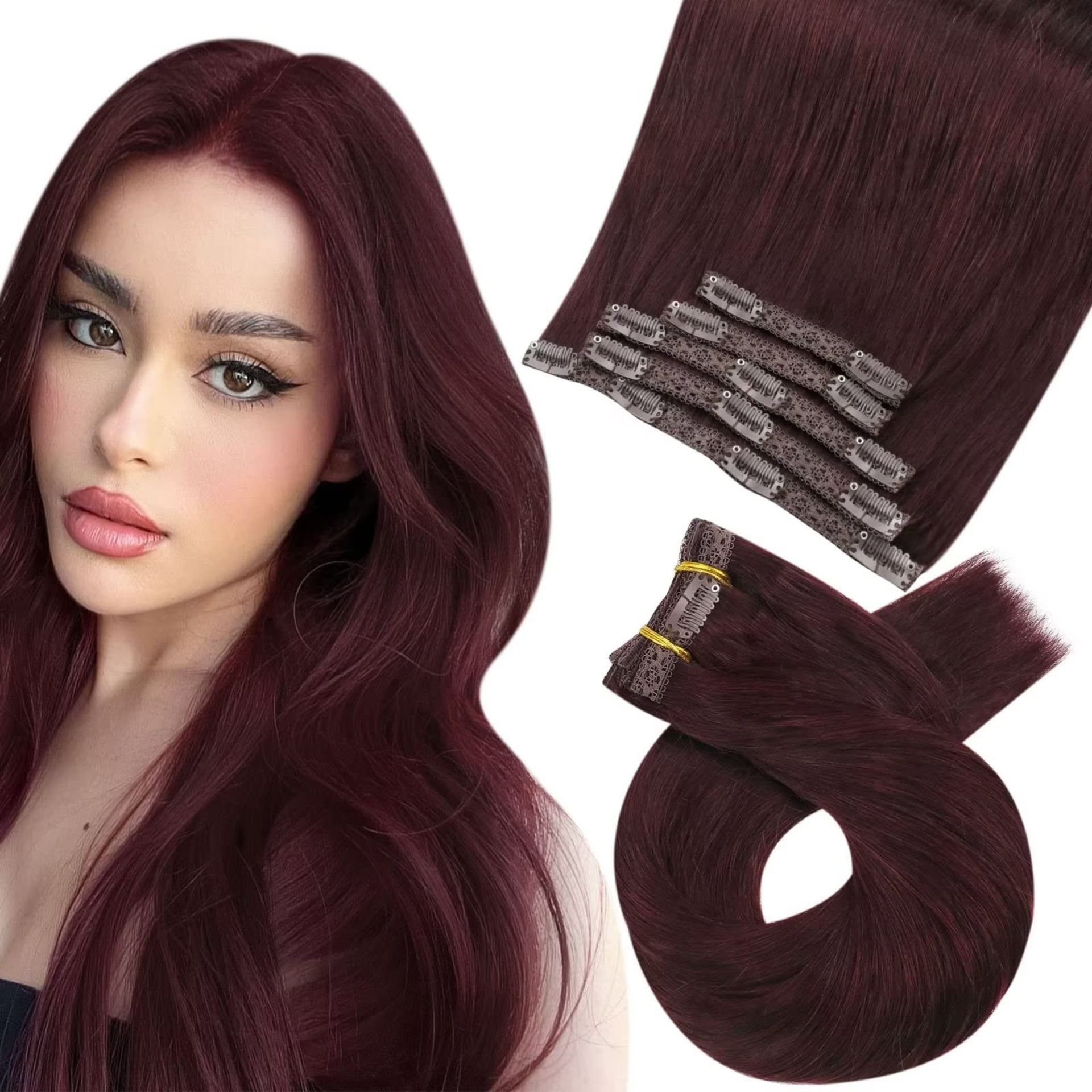 RRP £48.62 Moresoo Wine Red Human Hair Extensions Clip in 14 Inch
