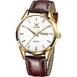 RRP £38.70 OLEVS Men Watch Brown Leather Strap White Face Classic