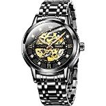 RRP £118.36 OLEVS Mens Automatic Watch Skeleton Black Diamond Luxury