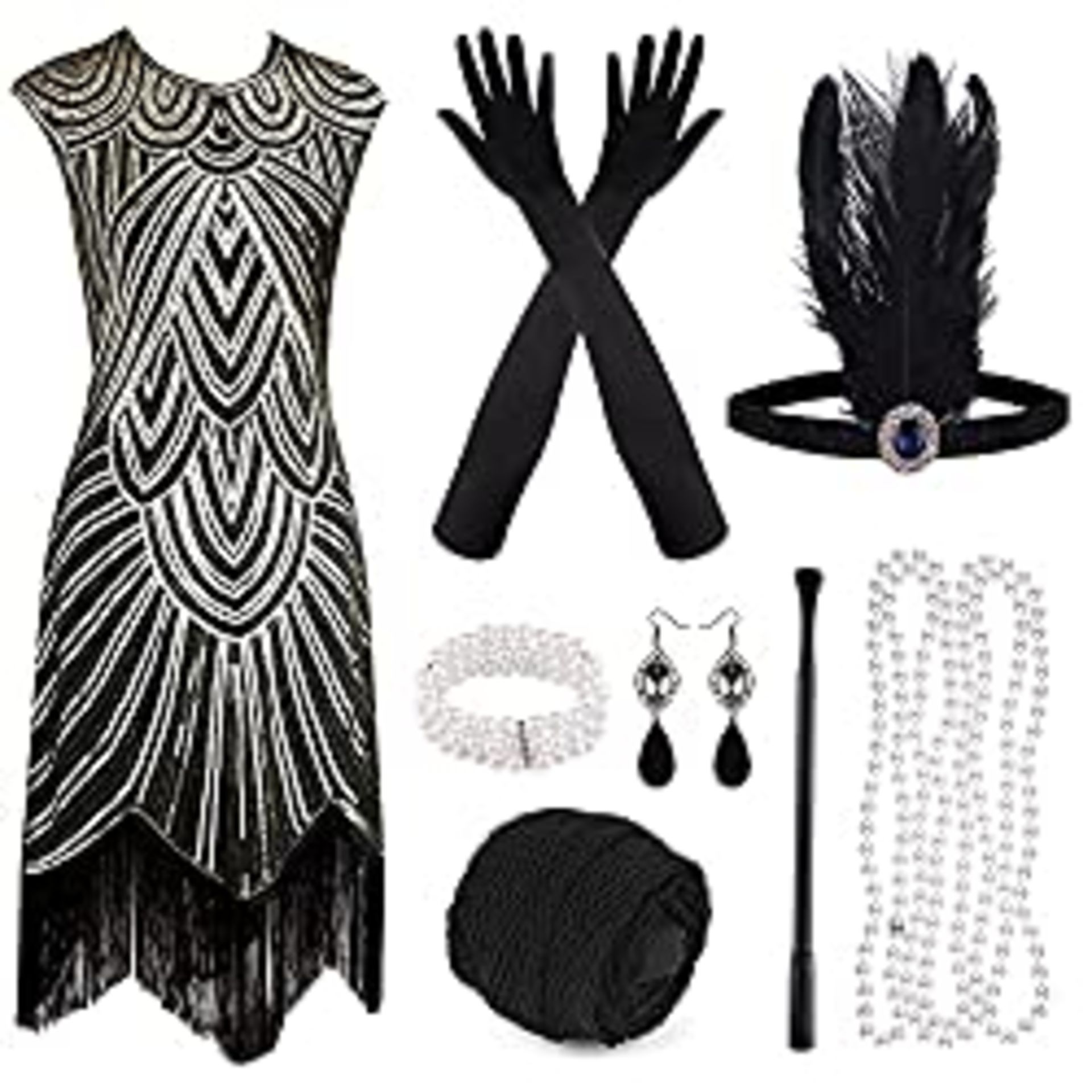 RRP £36.28 PLULON 1920s Sequin Beaded Fringed Flapper Dress with 20s Accessories Set