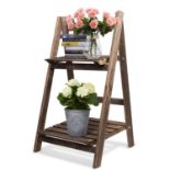 RRP £42.22 Flexzion Wooden Ladder Shelf Rustic Plant Stand 2 Tier