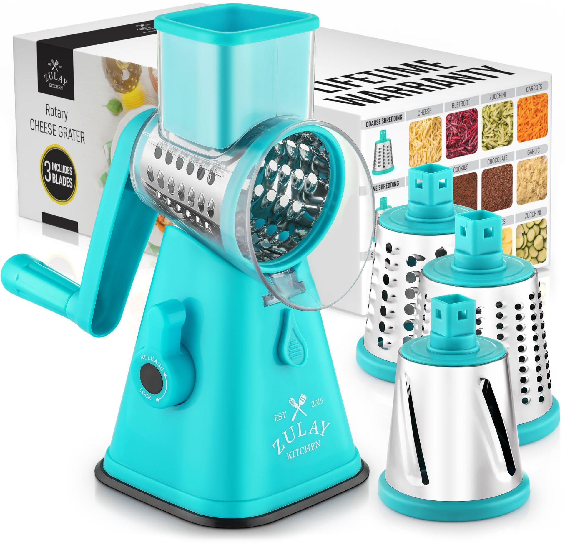 RRP £25.10 Rotary Cheese Grater with Three Stainless Steel Blades