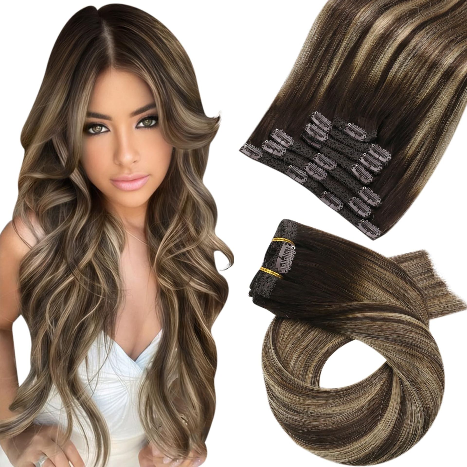 RRP £104.04 Moresoo Human Hair Extensions Clip in Balayage Real