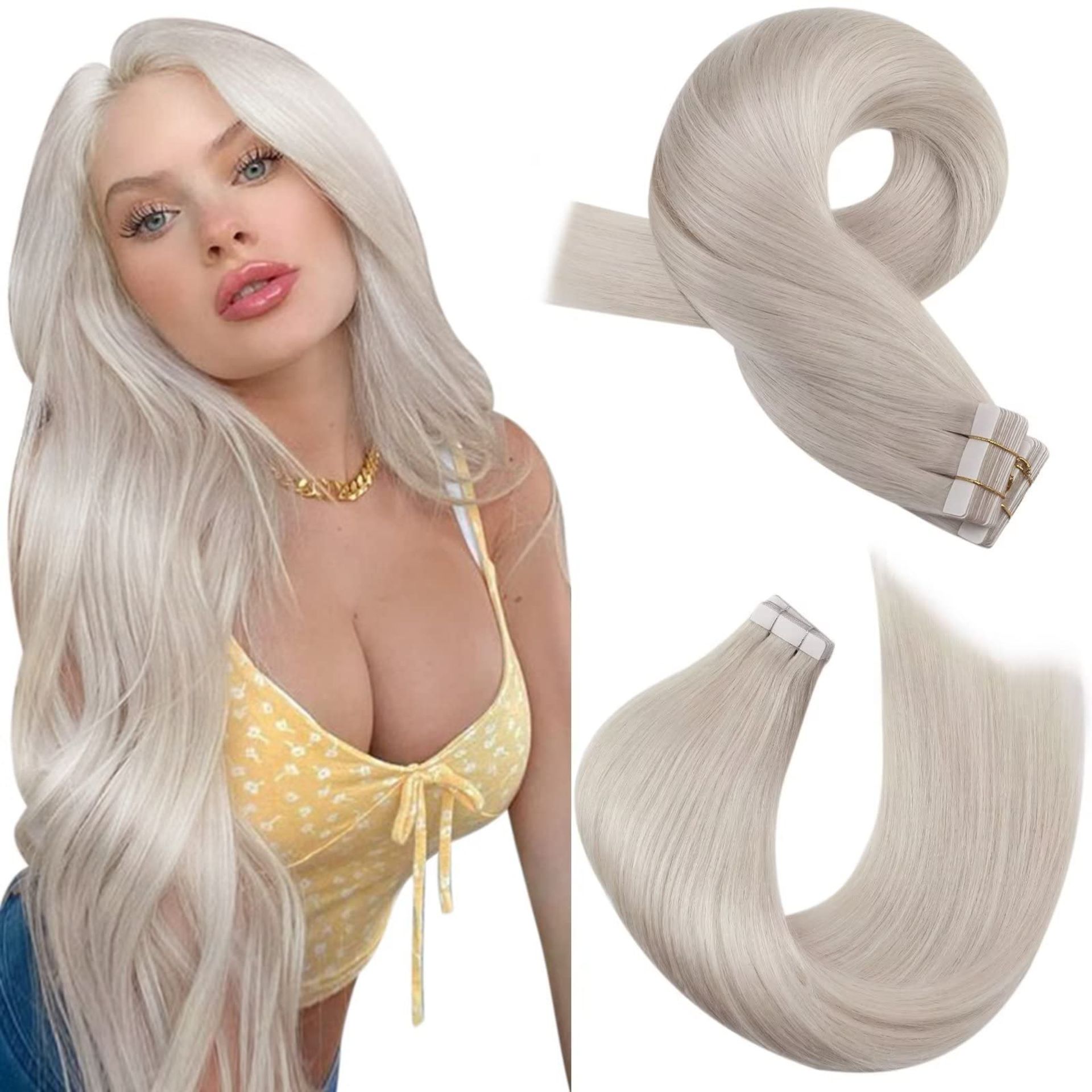 RRP £92.13 Moresoo Blonde Tape in Hair Extensions Human Hair White