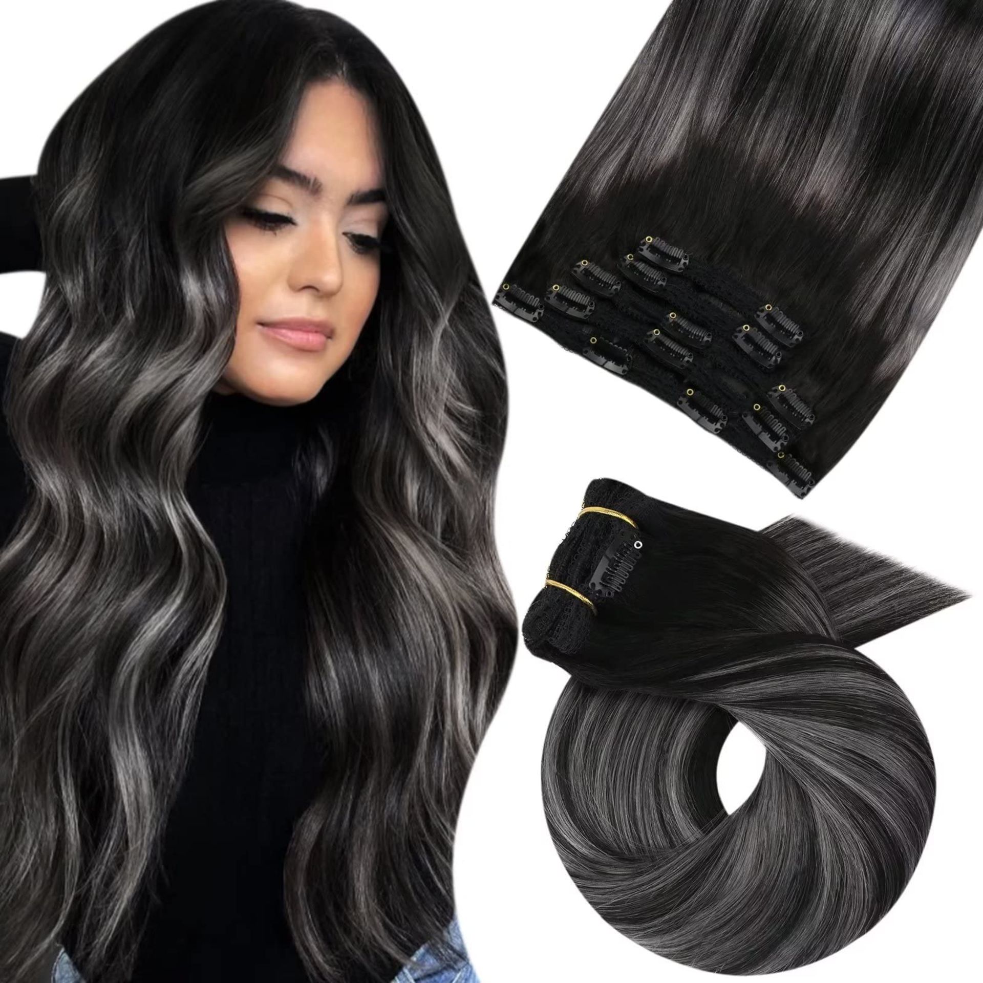 RRP £111.00 Moesoo Hair Extensions Clip in Balayage Black and Silver