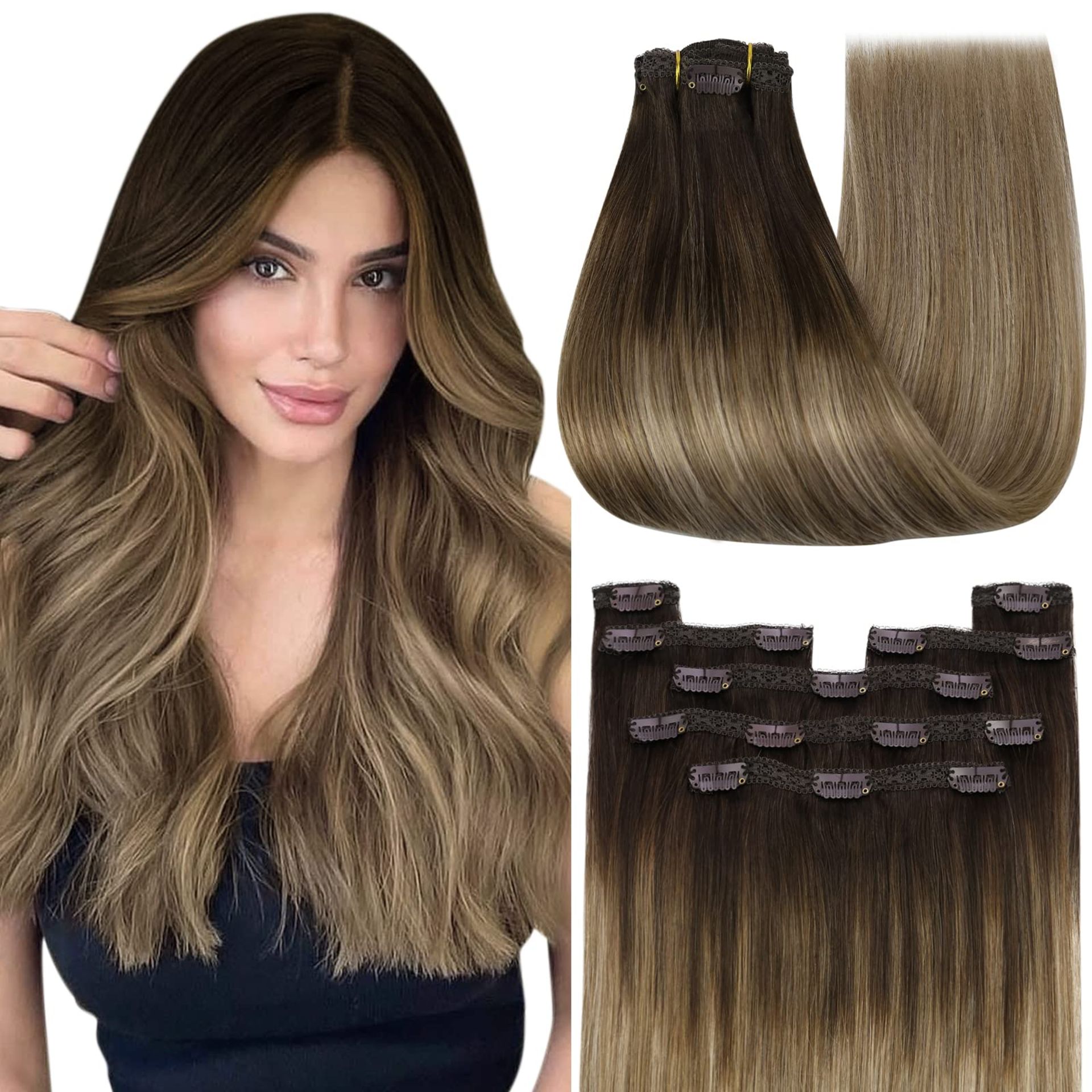 RRP £115.08 Youngsee Clip in Hair Extensions Real Human Hair Brown