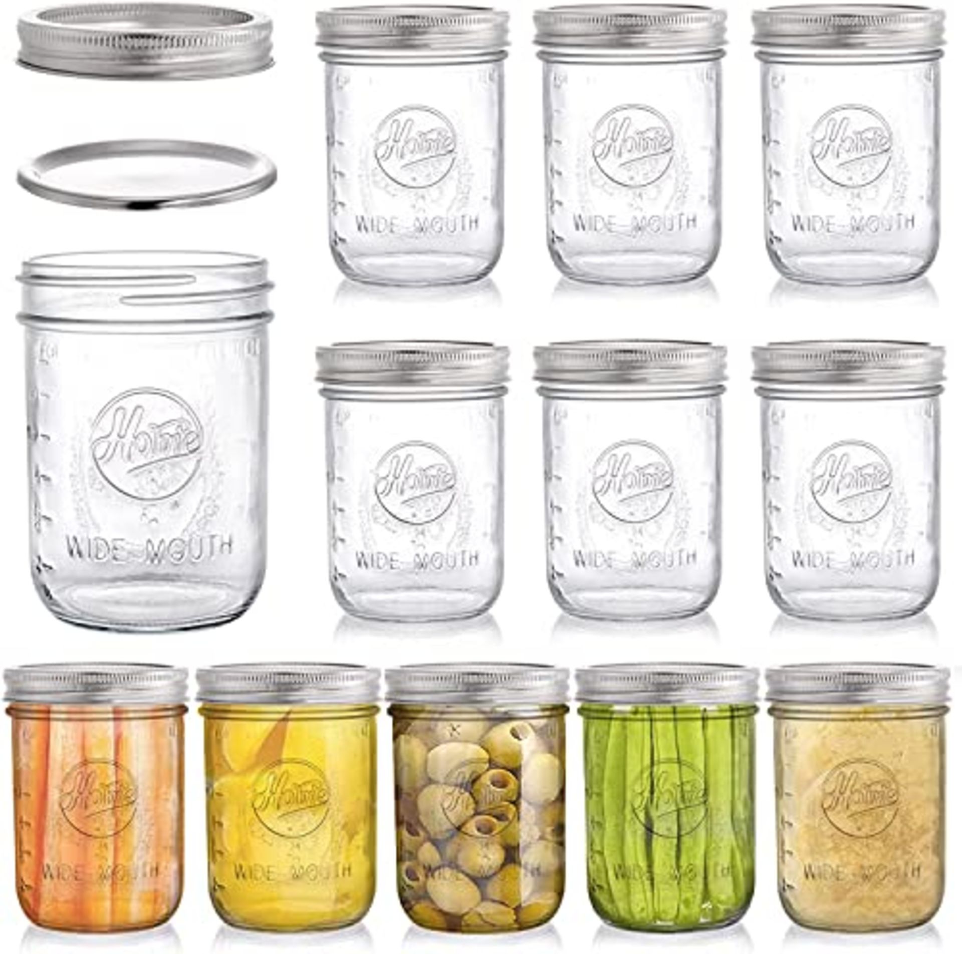 RRP £27.63 Tebery 12 Pack Mason Jars with Lids 16 oz Wide Mouth Canning Glass Jars