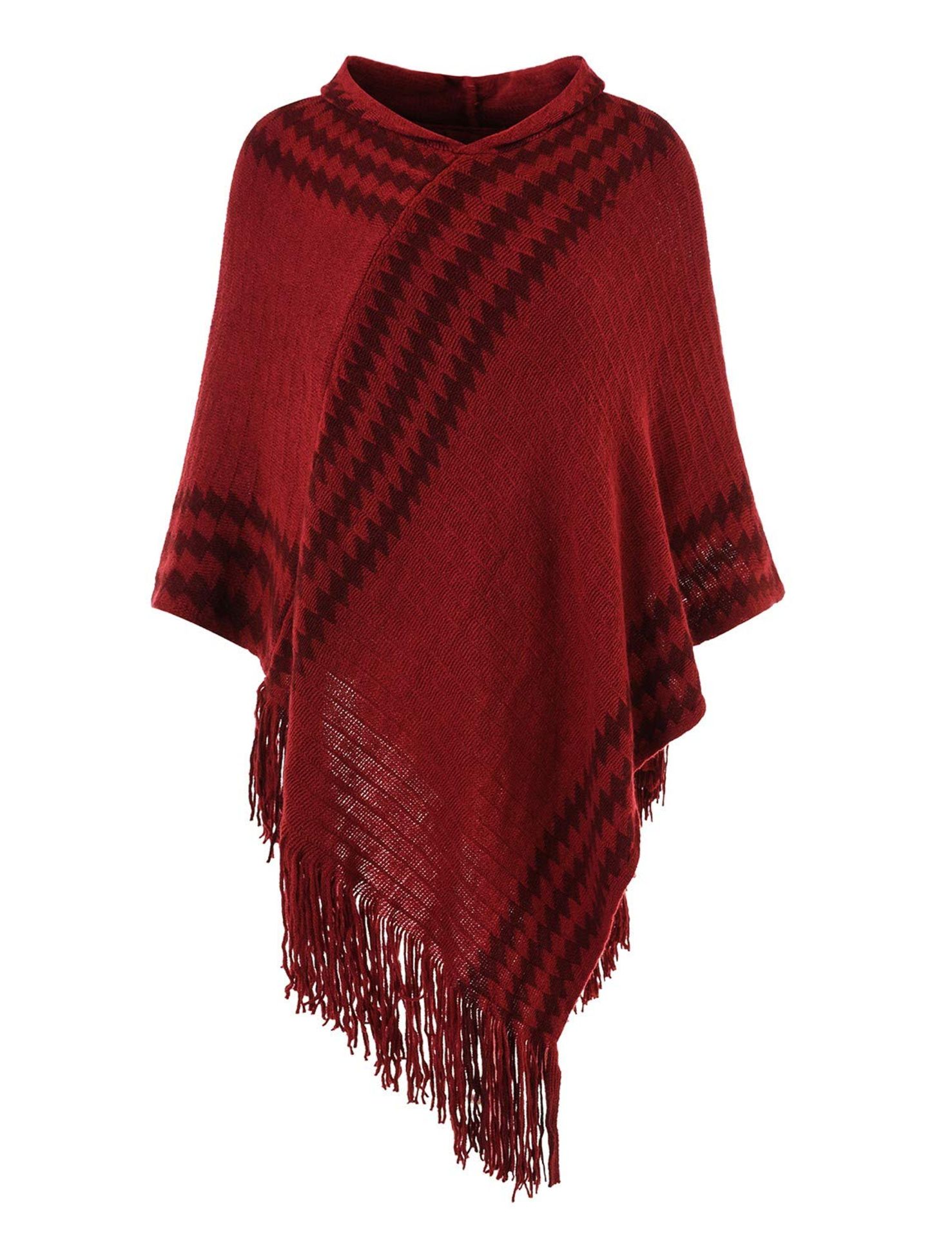 RRP £23.50 Ferand Women's Hooded Zigzag Striped Knit Cape Poncho Sweater with Fringes