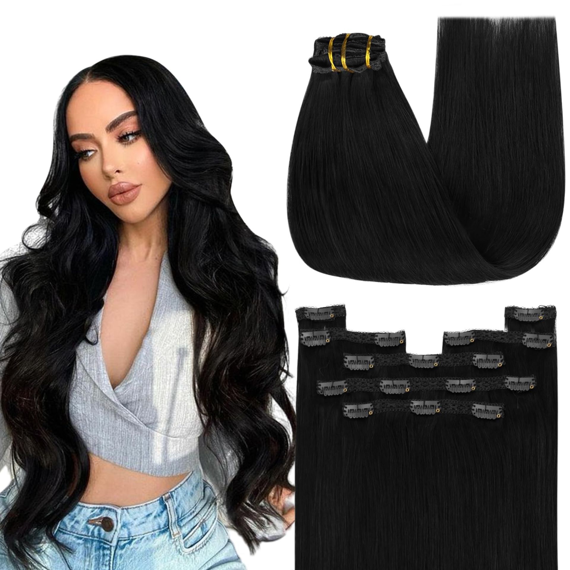 RRP £62.77 Youngsee Clip in Hair Extensions Real Human Hair Black