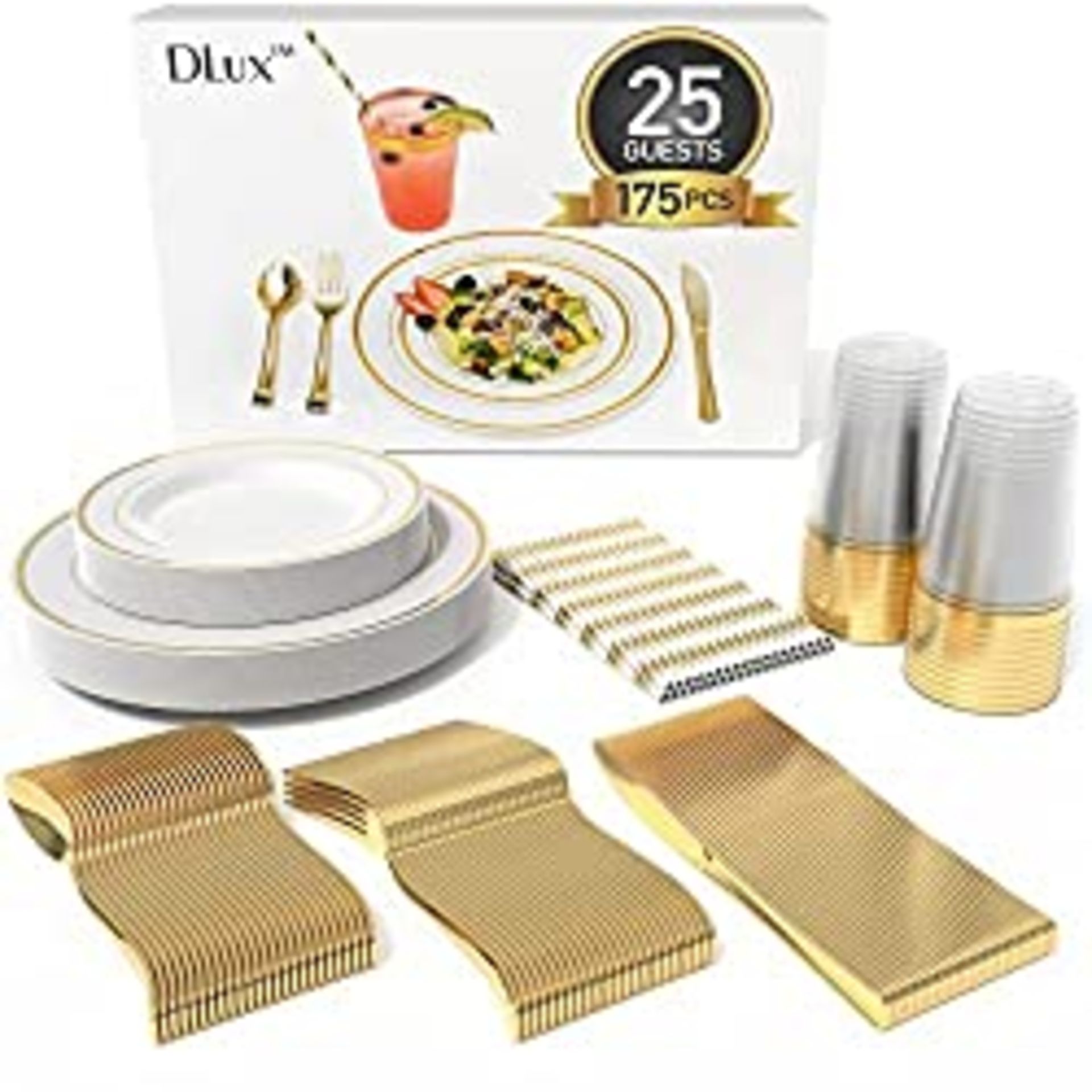RRP £50.22 DLux 175 Pieces Gold Plastic Dinnerware Set for 25 Guests
