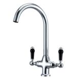 RRP £33.96 Kitchen Mixer Tap Dual Lever Black Handle 360 Swivel Spout Chrome 10 Year