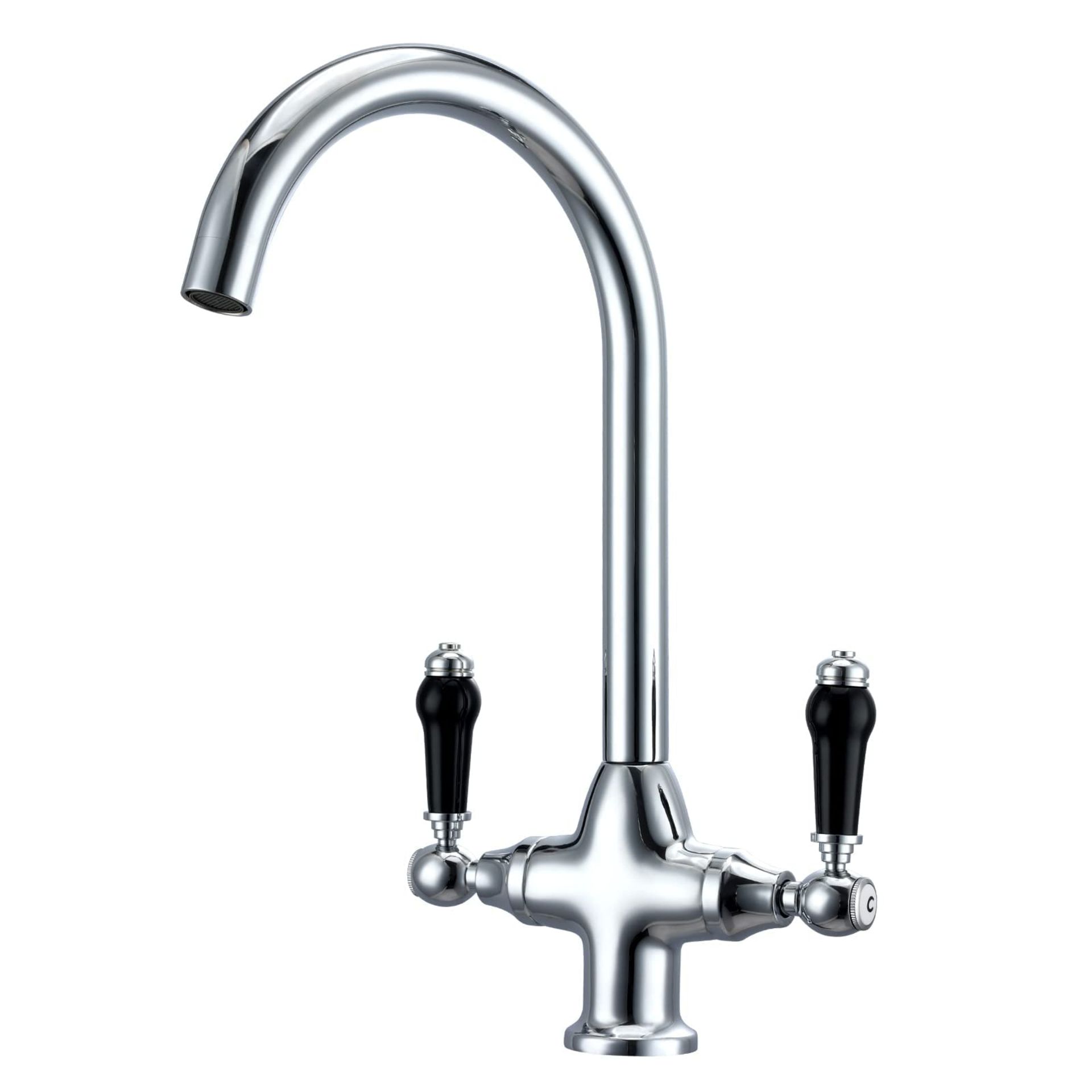 RRP £33.96 Kitchen Mixer Tap Dual Lever Black Handle 360 Swivel Spout Chrome 10 Year