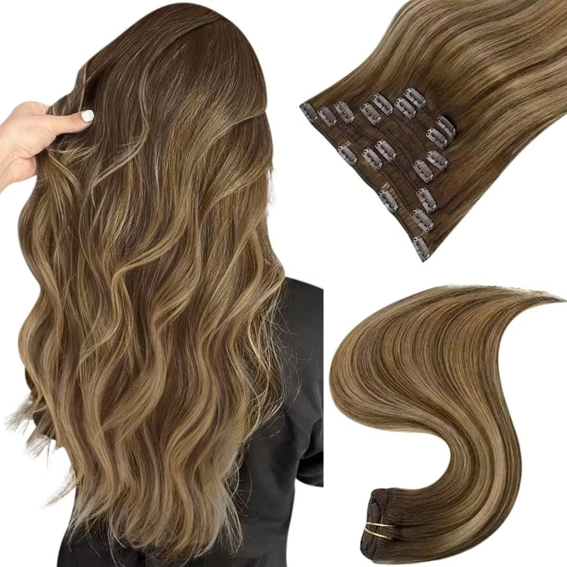 RRP £92.22 Easyouth Brown Ombre Clip in Real Hair Extensions Human