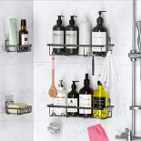 RRP £15.62 Maziigou 4 Pack Adhesive Shower Black Caddy Shelf Organiser with 12 Hooks