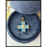 Vintage 14K yellow Gold Mary Cross Turquoise color stone Charm, Pendant.