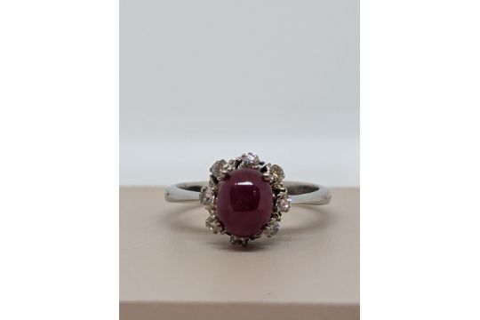 Platinum Diamond Ruby Cabochon Ring - Image 1 of 3