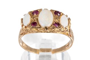 A 9ct yellow gold opal and ruby ring, the three graduated oval cabochon opals with ruby