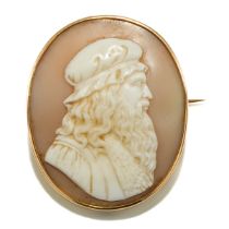 A 19th century yellow gold and shell cameo brooch, carved depicting the portrait of a gentleman,