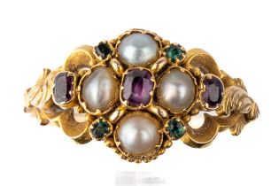 A 19th century yellow gold and gem-set ring, set with pearls and green and pink stones in closed