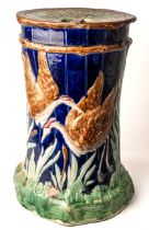 A rare Forester majolica conservatory seat, "Numidian Crane", 50cm high Chip under top rim and