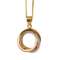 A 9ct tri-gold and cubic zirconia pendant, rose/yellow and white gold interlocking rings, one set
