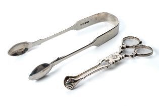 A pair of Victorian silver sugar tongs, of plain design, monogrammed, approx 14cm, London 1877,