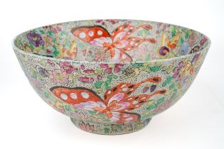 A large Chinese famille rose bowl, enamelled with butterflies, approx 12cm high x 25.5cm diam, six
