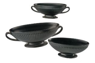 Two Wedgwood black basalt twin-handled oval bowls, largest approx 32cm; and a bowl (3) Generally