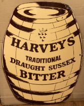 Harvey's Bitter enamel tin sign in form of a beer barrel, approx. 62 x 47 cm Minor chipping to