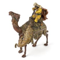 Austrian Bergman cold painted bronze of a camel being attacked by a lion , marked with B to base