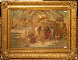 Large antique embroidered silk work picture of a biblical scene of the Baby Moses discovered by