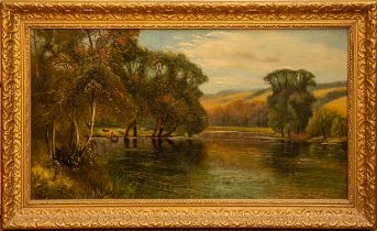 English School (early 20th Century) Cattle by river landscape oil on canvas, 24 x 44cm, gilt framed