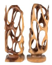 A pair of mid-century carved yew wood sculptures, depicting dancers, approx 30.5cm high Overall