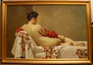 English School (20th Century) After Sosuke Morimoto Fall into a slumber (female nude study) oil on