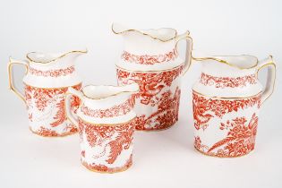 Royal Crown Derby Red Aves pattern four jugs graduating , largest approx 13 cm tall, first quality
