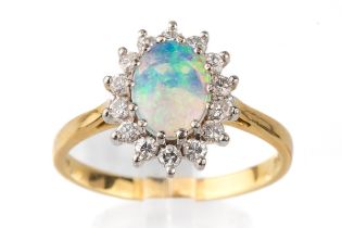 An 18ct yellow gold opal and diamond oval cluster ring, size Q1/2, total gross weight approx 3.8g