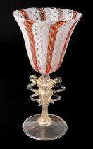 A Zanfrico Facon de Venis glass goblet - Salviati or Ballerin, the bowl with latticino and cranberry