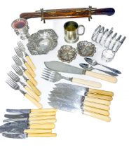 A collection of EPNS including toast rack; dishes; fish knives and forks, cased carving set etc.