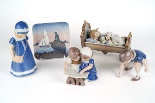 A collection of Denmark and similar porcelain figures, including Lladro sleeping girl nr 5717, B&G