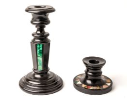 A Victorian Derbyshire Ashford marble squat candlestick, inlaid with hardstone specimens, approx 6.