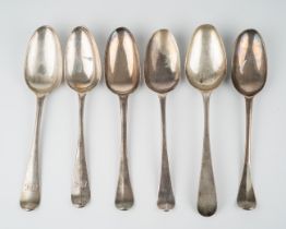 A collection of six early 18th Century sterling silver Hanoverian table spoons, two with rat