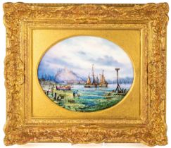 An English porcelain hand painted oval plaque, painted by Stefan Nowacki, coastal village scene,