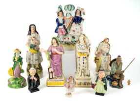 A collection of Staffordshire figures, including pearlware, flat backs, two Royal Doulton figures,
