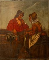 Dutch School (19th Century) Fisherman with elderly woman buying fish oil on panel, 40 x 33cm Has