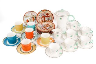 A Shelley Regent shape tea set, comprising six cups and saucers, milk jug and teapot, numbered
